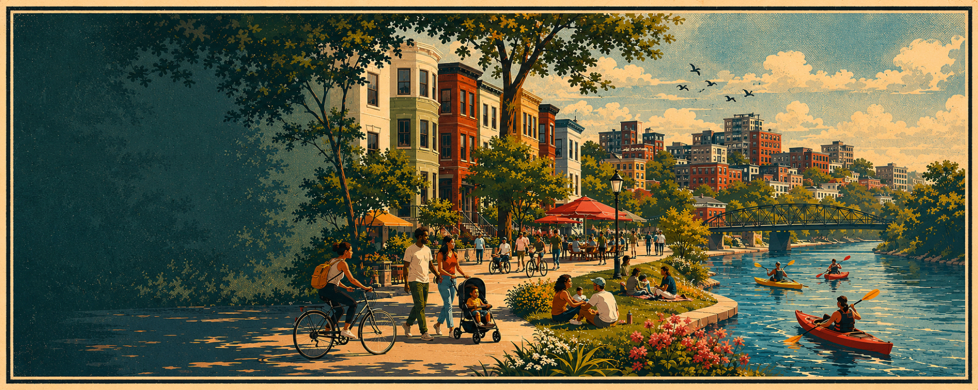 Illustration of a livable DC waterfront with row houses, riverside path, and kayakers.