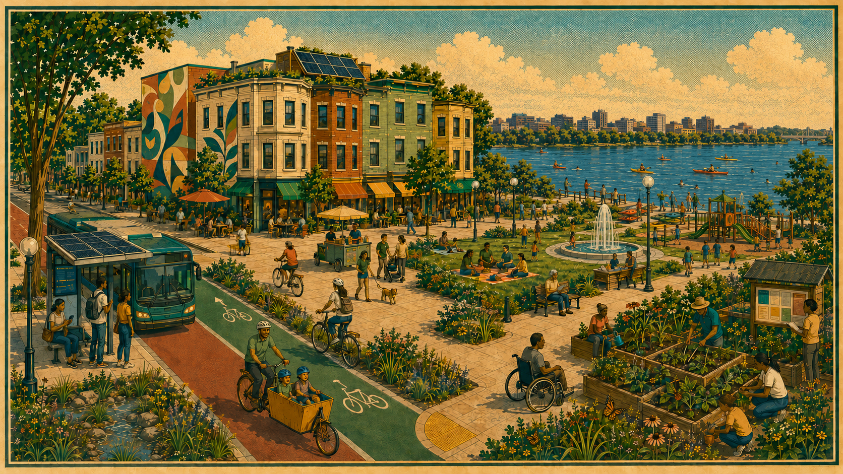 Interactive illustration of a livable DC neighborhood, with clickable elements showing fights from the Plan. The scene includes a bus shelter, protected bike lane, cafe-lined row houses, central park with fountain, community garden, playground, and the Anacostia River with kayakers visible across the water.
